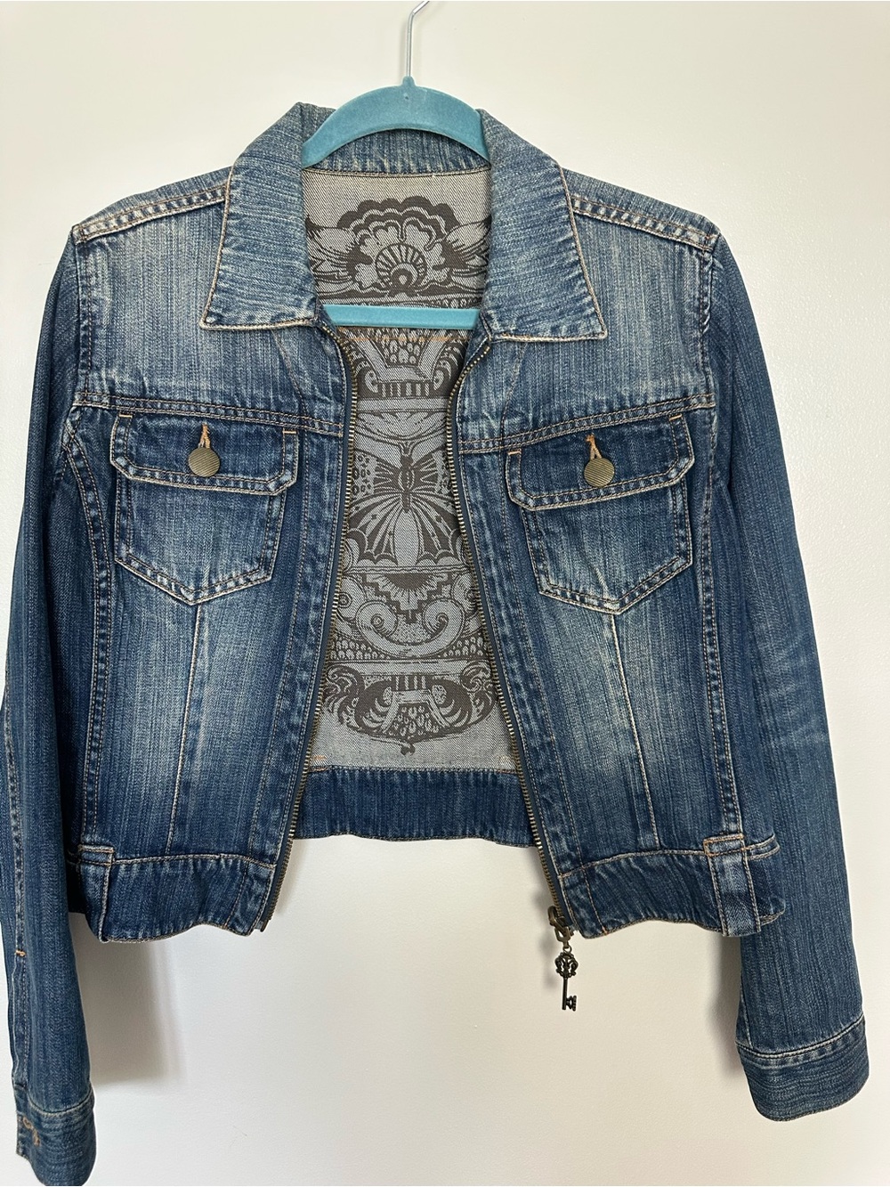 CAbi Reversible Denim Jean Jacket with printed Back Panel